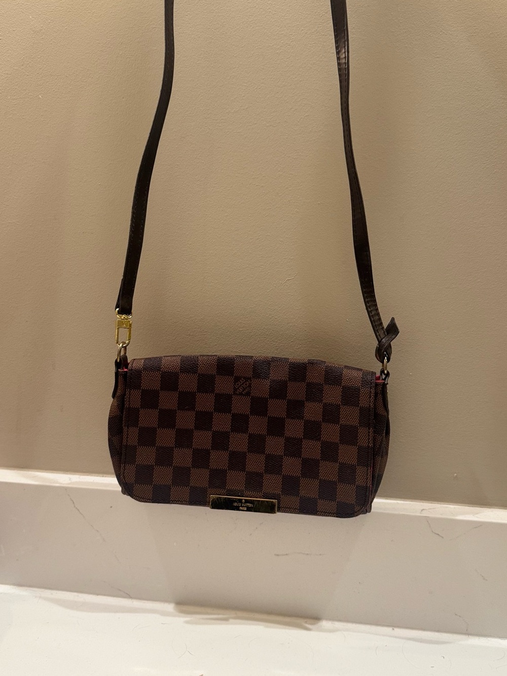 Brown Checkered Crossbody Bag with Gold Hardware - Picture 2 of 5